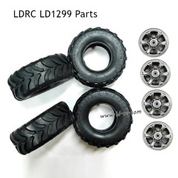 LDRC LD1299 Basic Tire and Wheel Rim Set, black off-road tires with deep treads and silver alloy rims for RC crawler